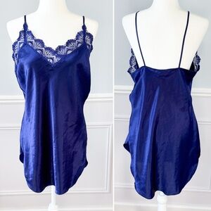 Victoria Secret Gold Label Satin Lace Trim Navy Sz L Lingerie Slip Dress